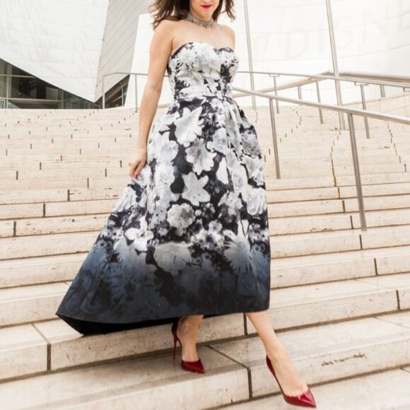 NWT Alfred Sung Strapless Floral Print Sateen Twill Dress in Black and White